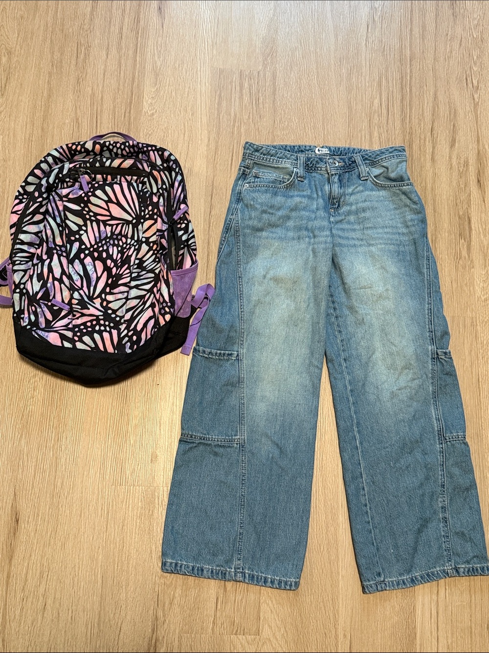 Lands' End Bookbag and Light Blue Wide-Leg Carpenter Jeans